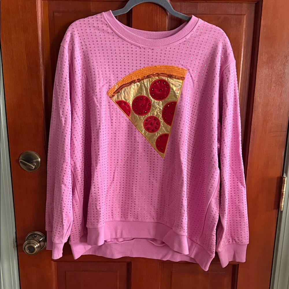 QUEEN OF SPARKLES Pink and Gold Pizza Graphic Sweater